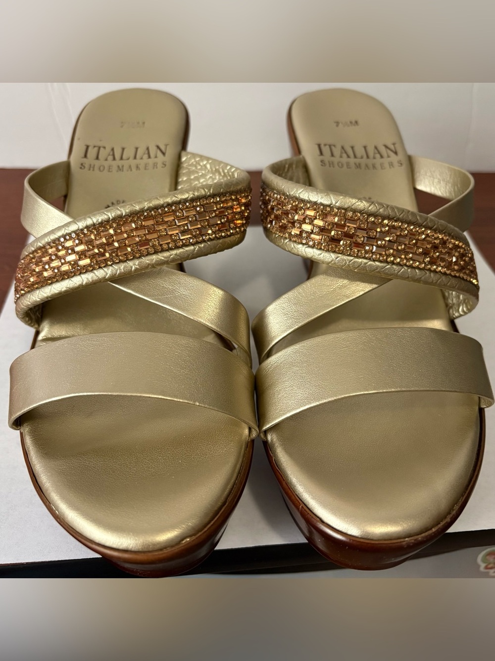 Italian Shoemakers Gold Beaded Cross-Strap Wedge Sandals